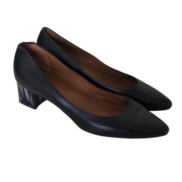 Aquatalia Pasha Heels 9 Made in Italy Black Block Heel Leather Pointed Toe Pumps - Picture 1 of 10